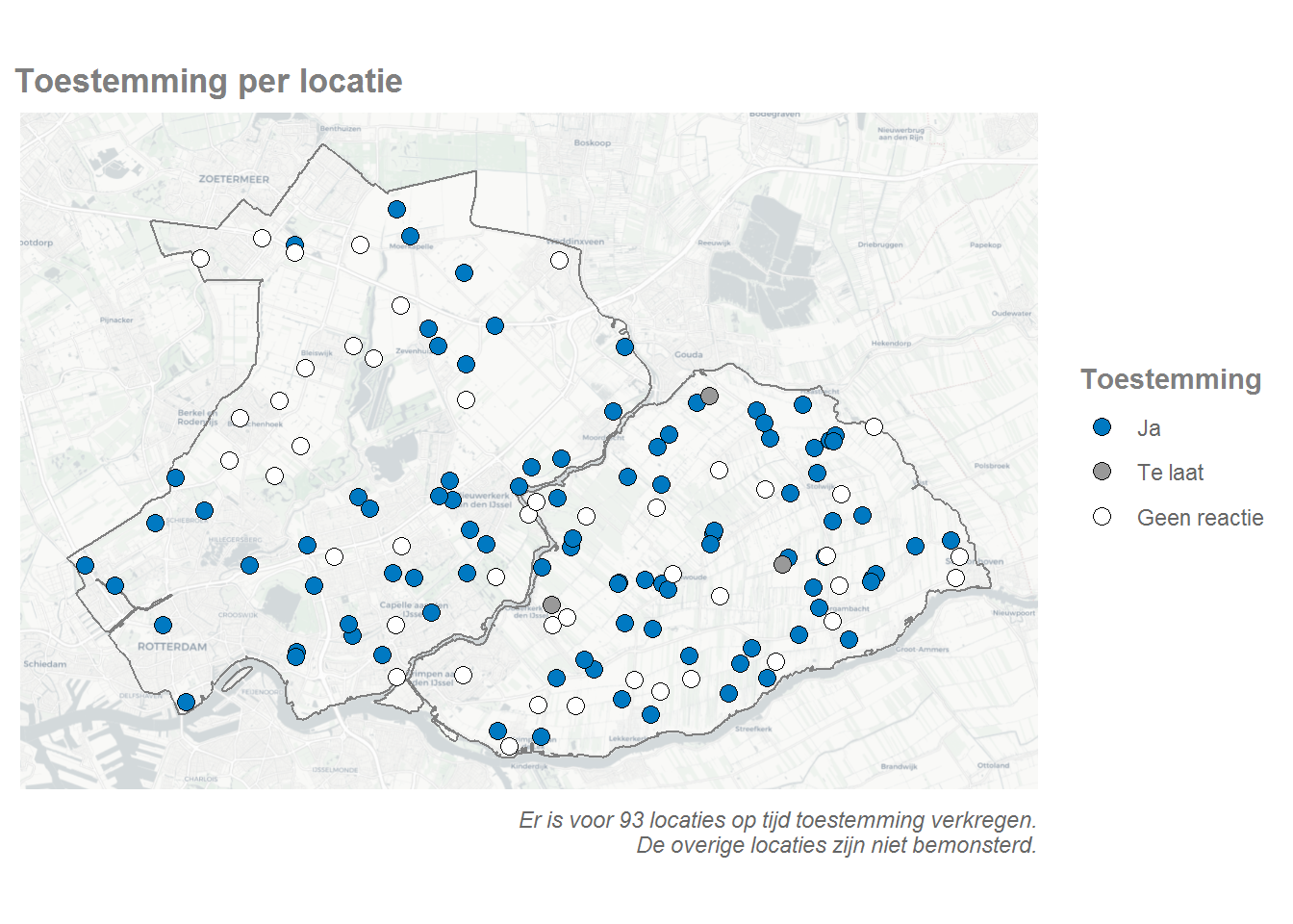 Overzichtskaart met locaties waar toestemming van de visrechthebbenden is verkregen.
