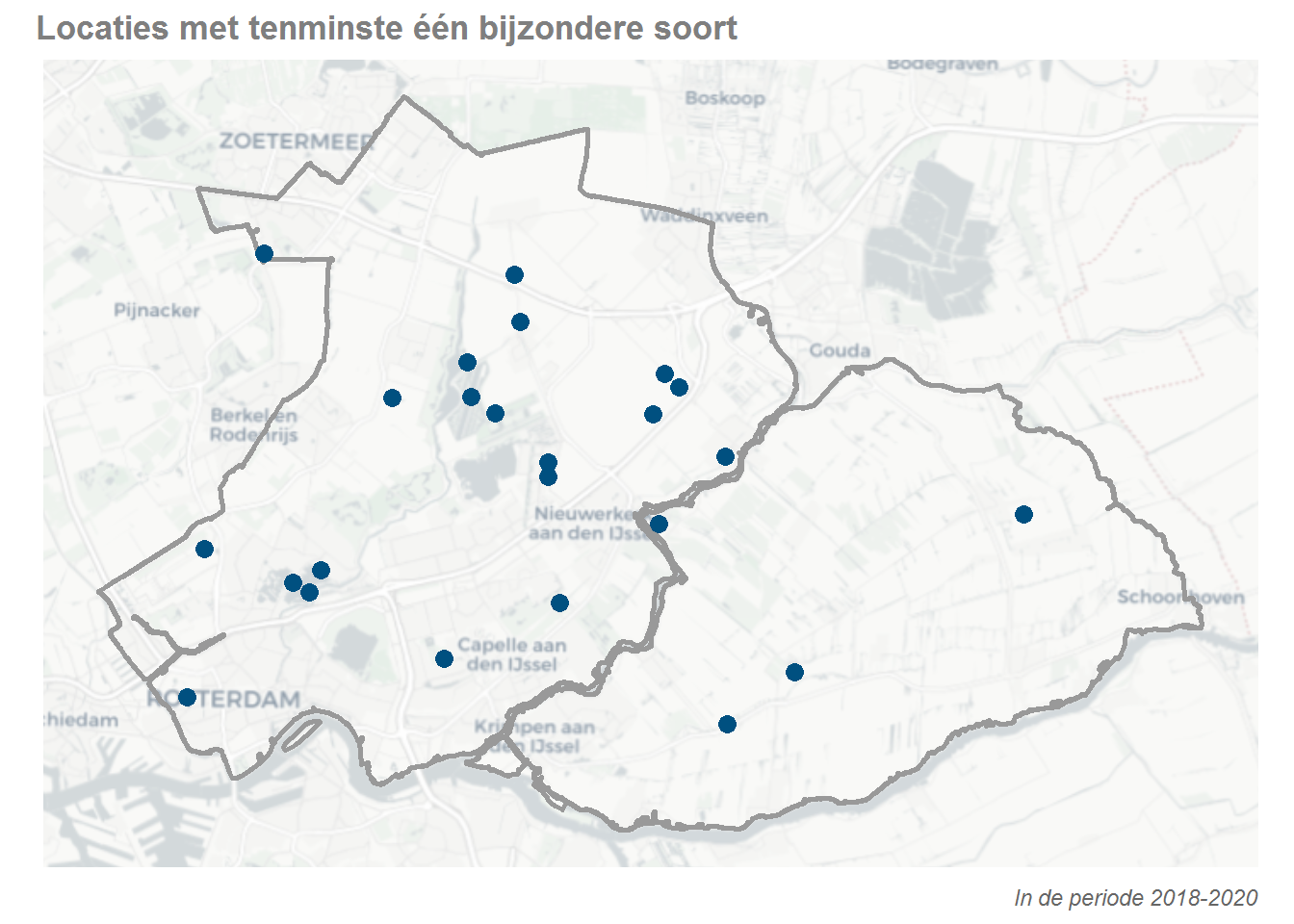 Kaart met de locaties waar minstens één bijzondere waterplantensoort is aangetroffen in de periode 2018-2020