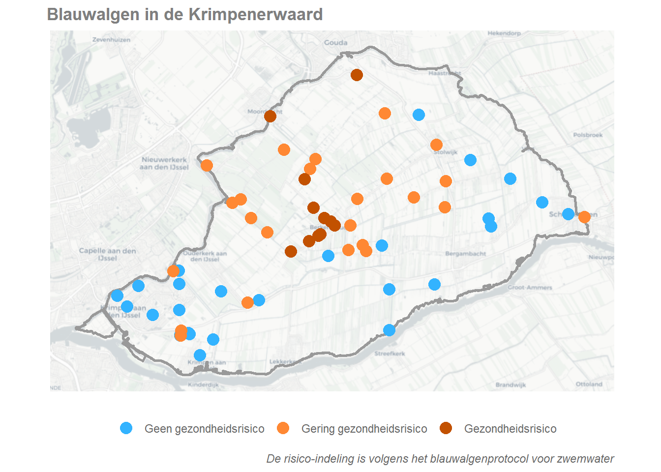 De kaart geeft per locatie het hoogste risiconiveau aan dat in 2021 is geconstateerd. De risiconiveau's zijn bepaald op basis van het blauwalgenprotocol voor zwemwater.