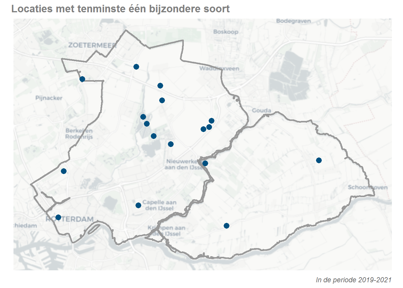 Kaart met de locaties waar minstens één bijzondere waterplantensoort is aangetroffen in de periode 2019-2021